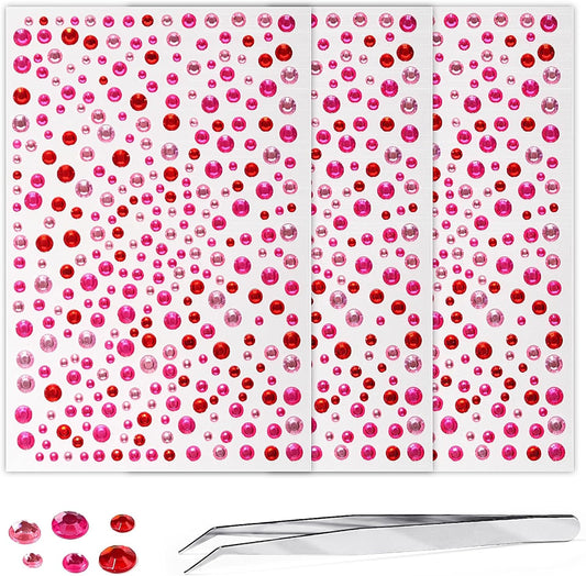 Self Adhesive Face Gems and Pearls for Makeup, Festival Jewels, Hair Gems, Rhinestone Stickers for Face, Eye, Makeup, Nail, Body, Crafts 3/4/5/6 mm 975Pcs (09.gem_red+Pink+Rose)