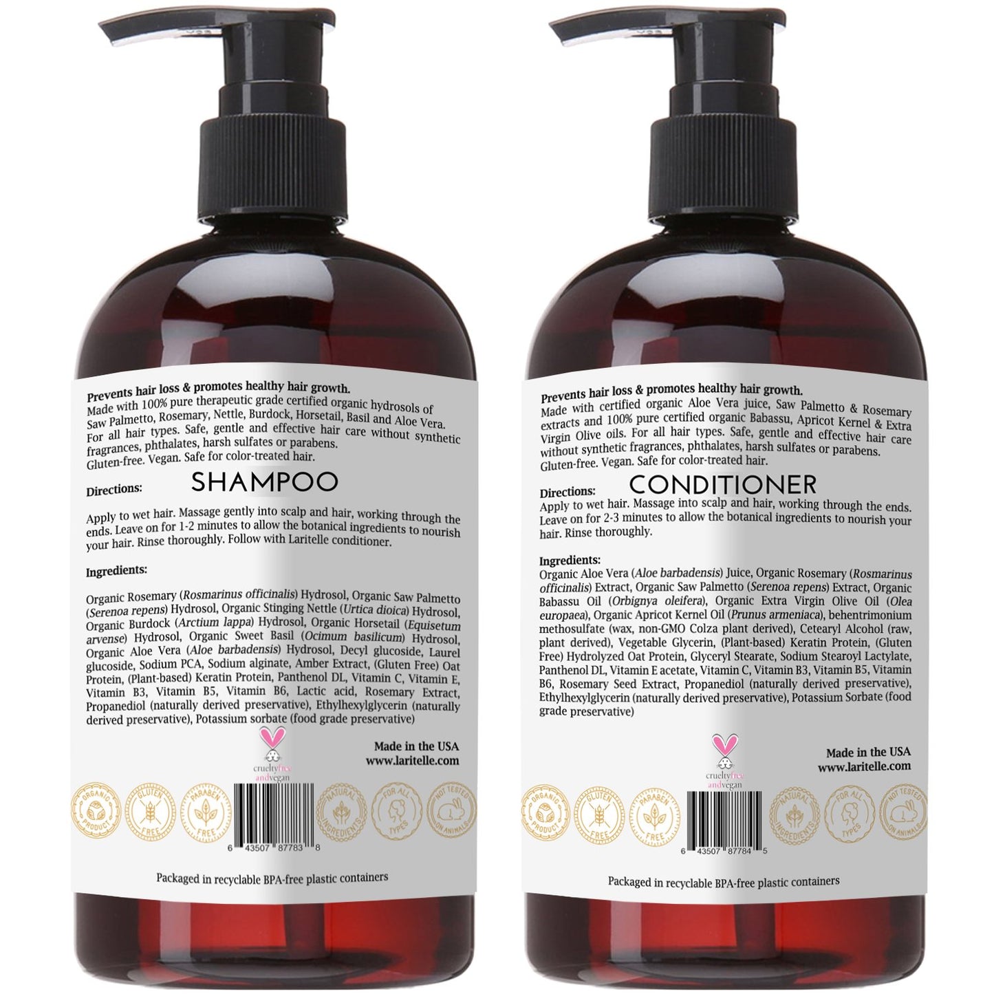 Laritelle Organic Hair Loss Prevention Shampoo 17.5 oz + Conditioner 16 oz + Bonus Post-shampoo Treatment 2 oz | Unscented & Hypoallergenic | NO GMO, Sulfates, Gluten, Alcohol, Parabens, Phthalates