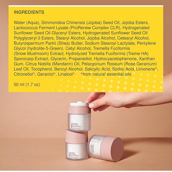 The Jojoba Company Overnight Multi-Biotic Moisture Cream with Snow Mushroom & ProRenew Complex – Hydrating Night Cream for Dry, Sensitive Skin – Nourishing, Lightweight
