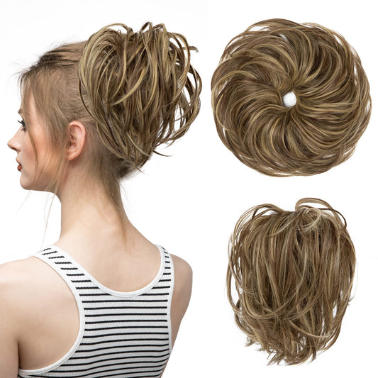CJL HAIR Large Messy Bun Hair Piece Wavy Curly Scrunchies Synthetic Chignon Ponytail Hair Extensions Thick Updo Hairpieces for Women Brunette/Butter Blonde