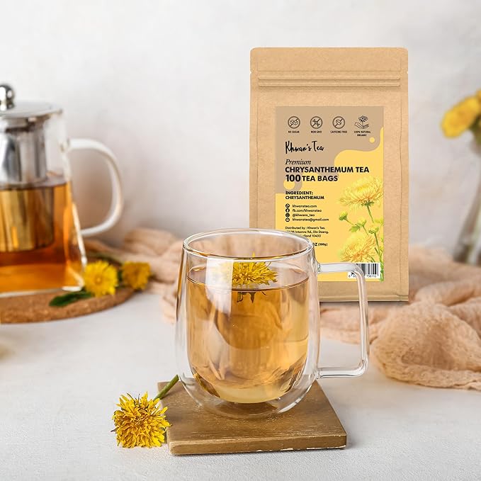 Chrysanthemum Tea Bags 2gx100 counts, Dried Chrysanthemum Flowers Powder Ground, Flower Tea Bag, Caffeine-Free, Non-GMO, Vegan - From Thailand (7oz)
