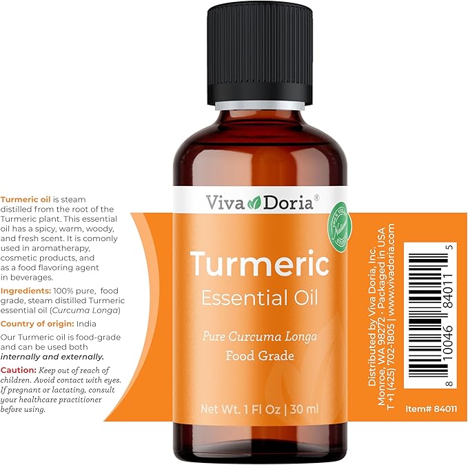 Viva Doria Turmeric Essential Oil, 100% Pure, Natural Turmeric Essential Oil, Undiluted, for Aromatherapy | Food Grade, 30 mL (1 Fluid Ounce)