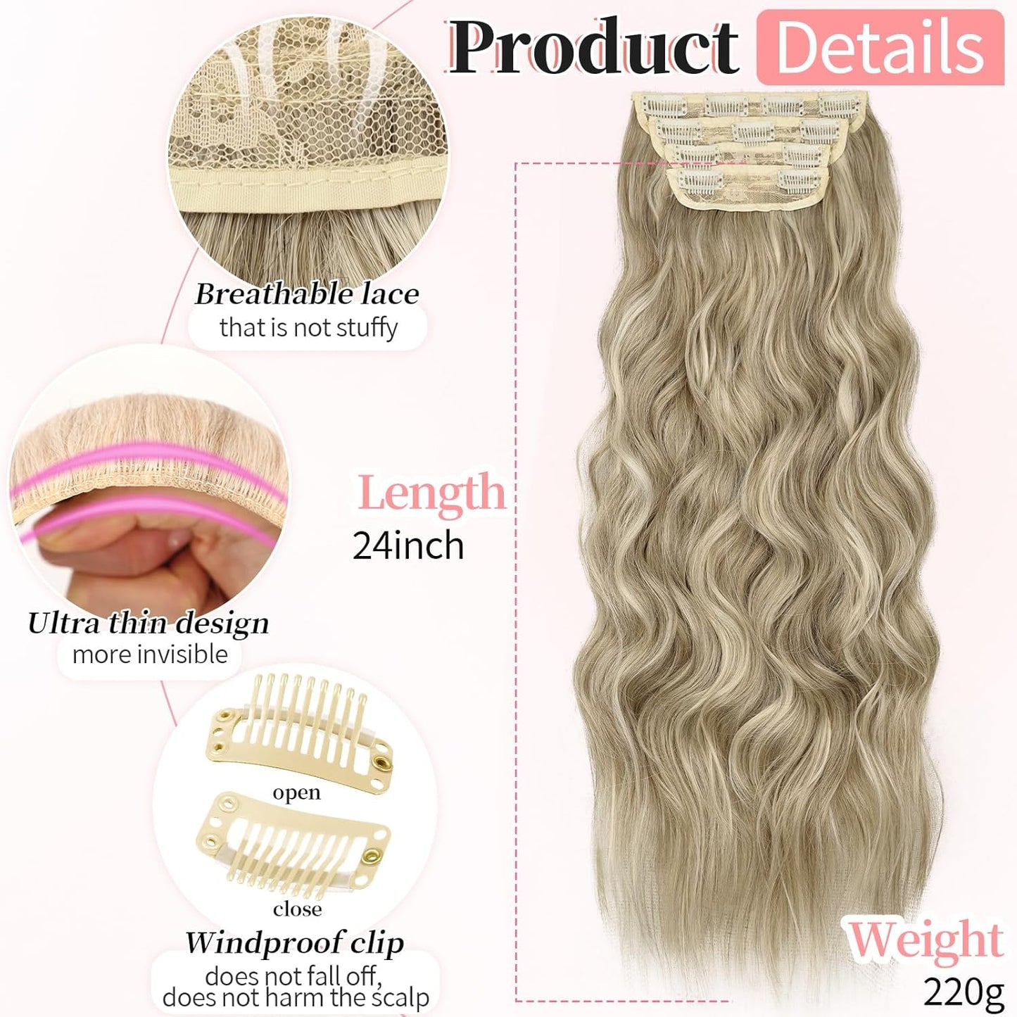 KooKaStyle Clip in Synthetic Highlight Hair Extensions Long Wavy 4PCS Thick Hairpieces Ashy Beige Blonde Balayage Fiber Double Weft Natural Hair Extensions 24 Inch for Women