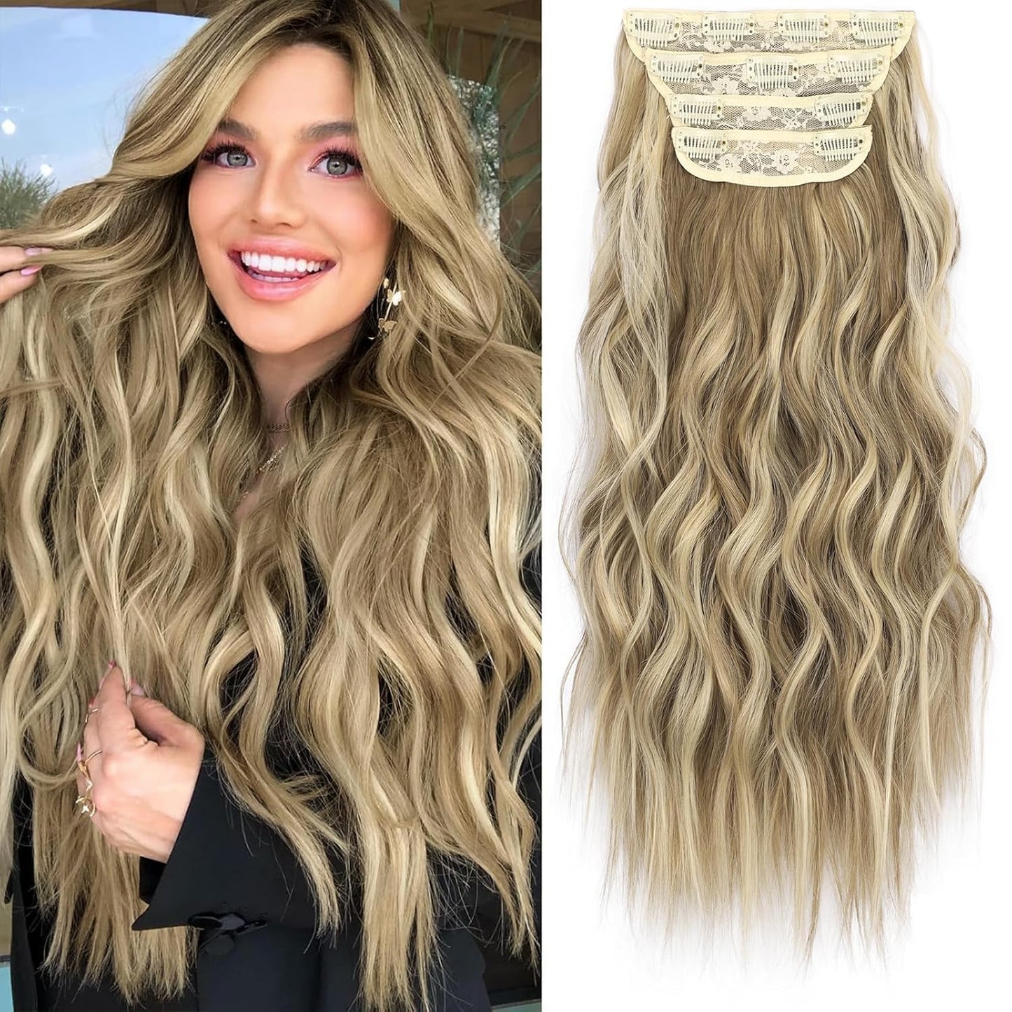 KooKaStyle Clip in Synthetic Hair Extensions Long Wavy 4PCS Thick Hairpieces Light Brown mix Golden Blonde Fiber Double Weft Natural Hair Extensions 20 Inch for Women