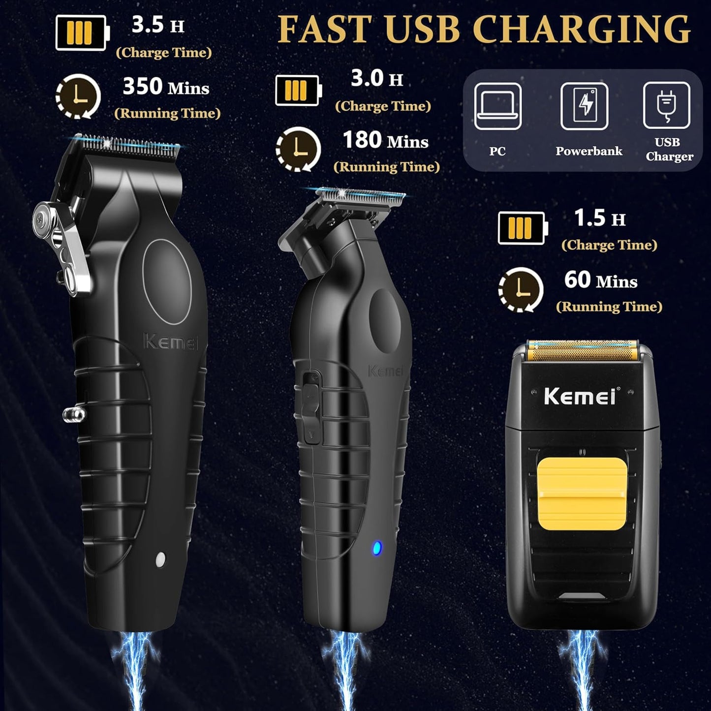 KEMEI Professional Hair Clipper and Trimmers Set, Cordless Barber Clippers, Beard Trimmer, Electric Foil Shaver with Replacement Heads, KM-2299, KM-2296, KM-1102