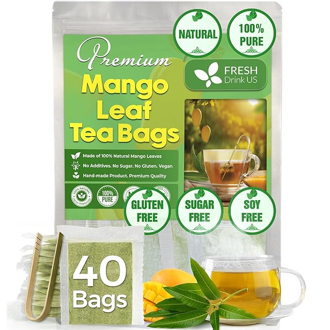 FreshDrinkUS, Premium 40 Mango Leaf Tea Bags, 100% Natural& Pure from Mango Leaves. Loose Leaf Mango Herbal Tea. Mango Leaf Tea. No Sugar, No Caffeine, No Gluten, Vegan.
