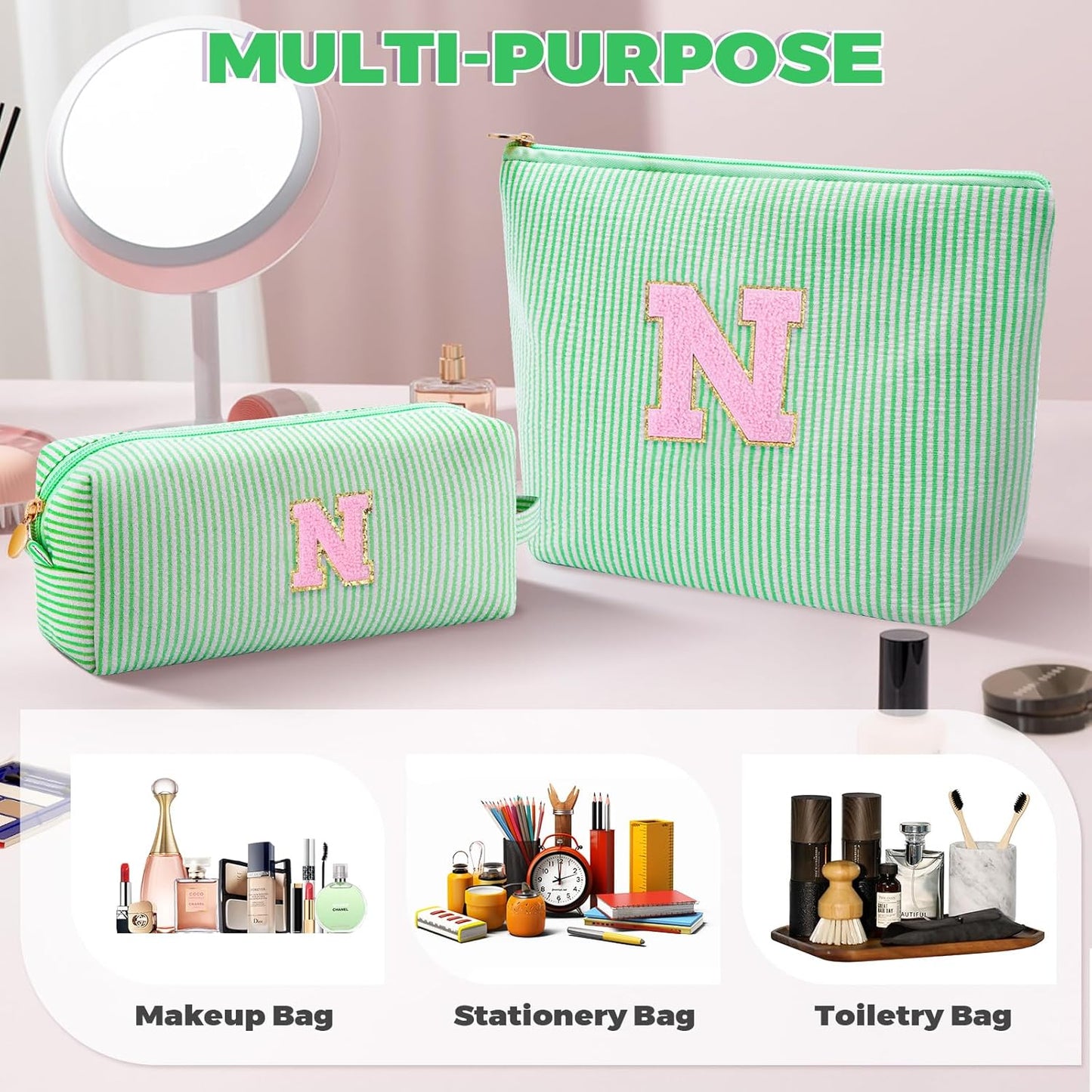 Personalized Makeup Bag for Women Girls - Fashion Cosmetic Bag Trendy Travel Toiletry Bag with Initials Letter - Teen Gifts - Green,N
