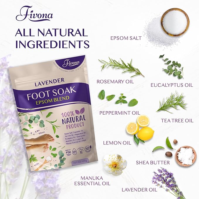 Fivona Foot Care Kit 4 in 1 - Foot Soak Blend with Epsom Salt, Lavender and Essential Oils - Collapsible Foot Soak Basin - 40% Urea Cream for Hard, Dry Skin - Dual Action Foot File