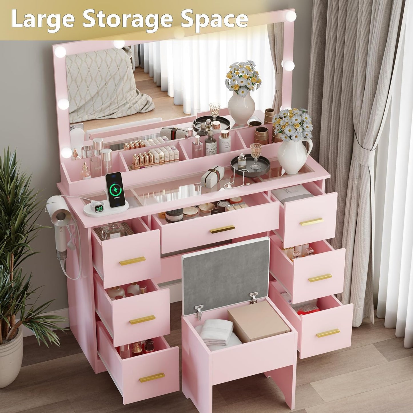 Makeup Vanity with Large Lighted Mirror and Chair, 7 Drawers Vanity Makeup Desk Table with Power Strip, Adjustable Lighting, and Cushioned Storage Stool for Women, Girls