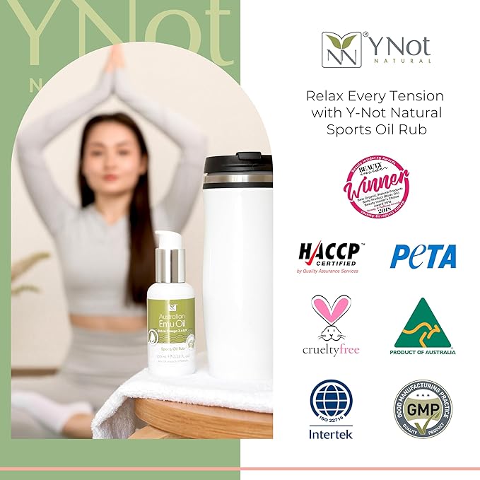 Sports Oil Muscle Rub with Pure Emu Oil, Omega 3 6 9, Tea Tree, Vitamin E, & Essential Oils - 100mL Deep Heat Rub for Joint, Back, Muscle Stiffness, Cramps & More by Y-Not Natural