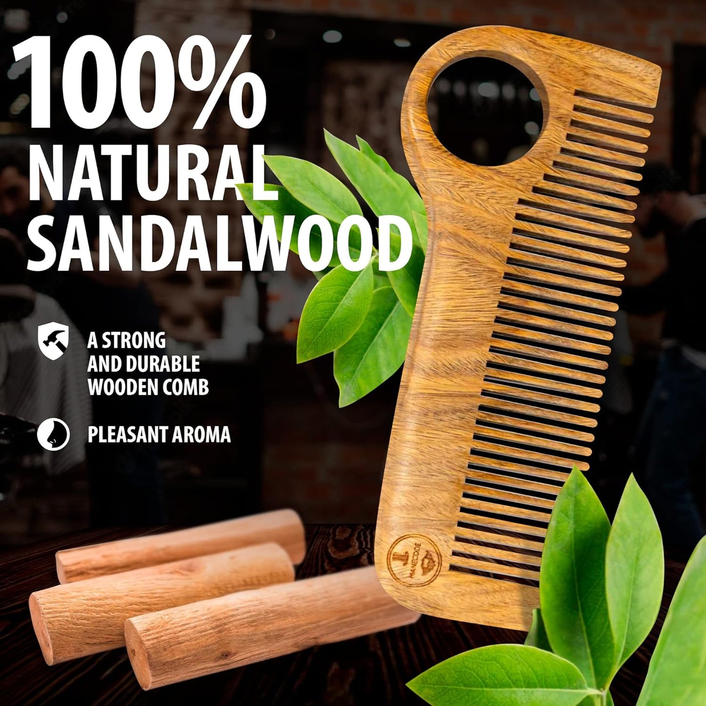 Wooden Hair Comb for Men - Premium Quality Anti-Static Sandalwood and Eco-Leather Pocket - Small Giftable Craft Box