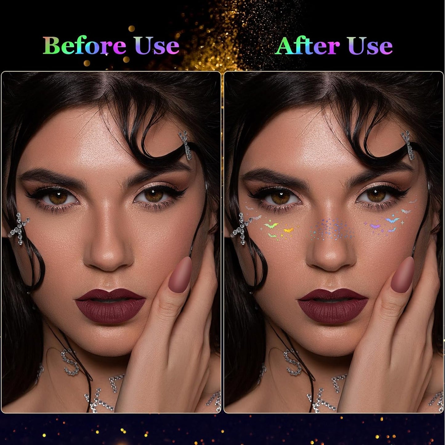 HyperFun 12Pcs Halloween Face Glitter Freckles, Glitter Freckles Face Tattoo Sticker, Holographic Multichrome Waterproof Sparkle Freckles Makeup Patches for Women Rave Festival Accessories Party Prom