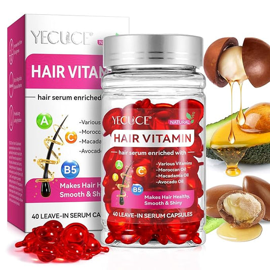 Hair Styling Serum for Frizzy & Dry Hair, Hair Oils Vitamins in Capsules, Hair Treatment Serum with Moroccan, Macadamia Oil - Vitamins A C E B5 Hair Oil Capsules for Women Men