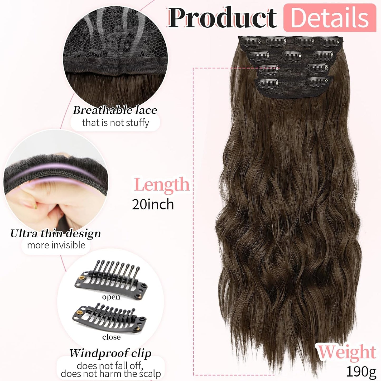 KooKaStyle Clip in Synthetic Hair Extensions Long Wavy 4PCS Thick Hairpieces Chestnut Brown Fiber Double Weft Natural Hair Extensions 20 Inch for Women