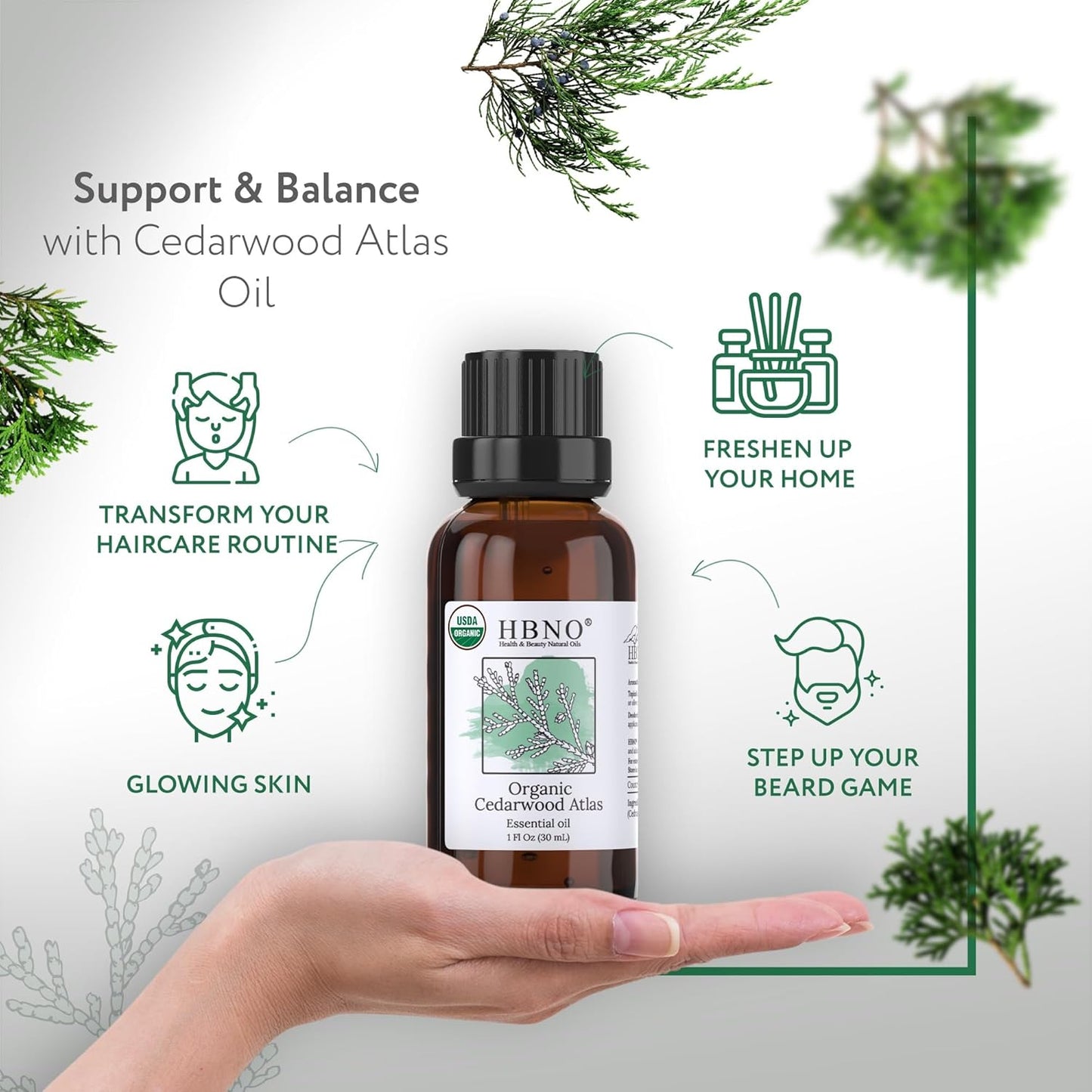 HBNO California Bottled Organic Cedarwood Essential Oil 1 fl oz (30ml) - USDA Certified Organic Cedarwood Essential Oil for Aromatherapy, Soap Making, DIY, Fragrances, Diffuser