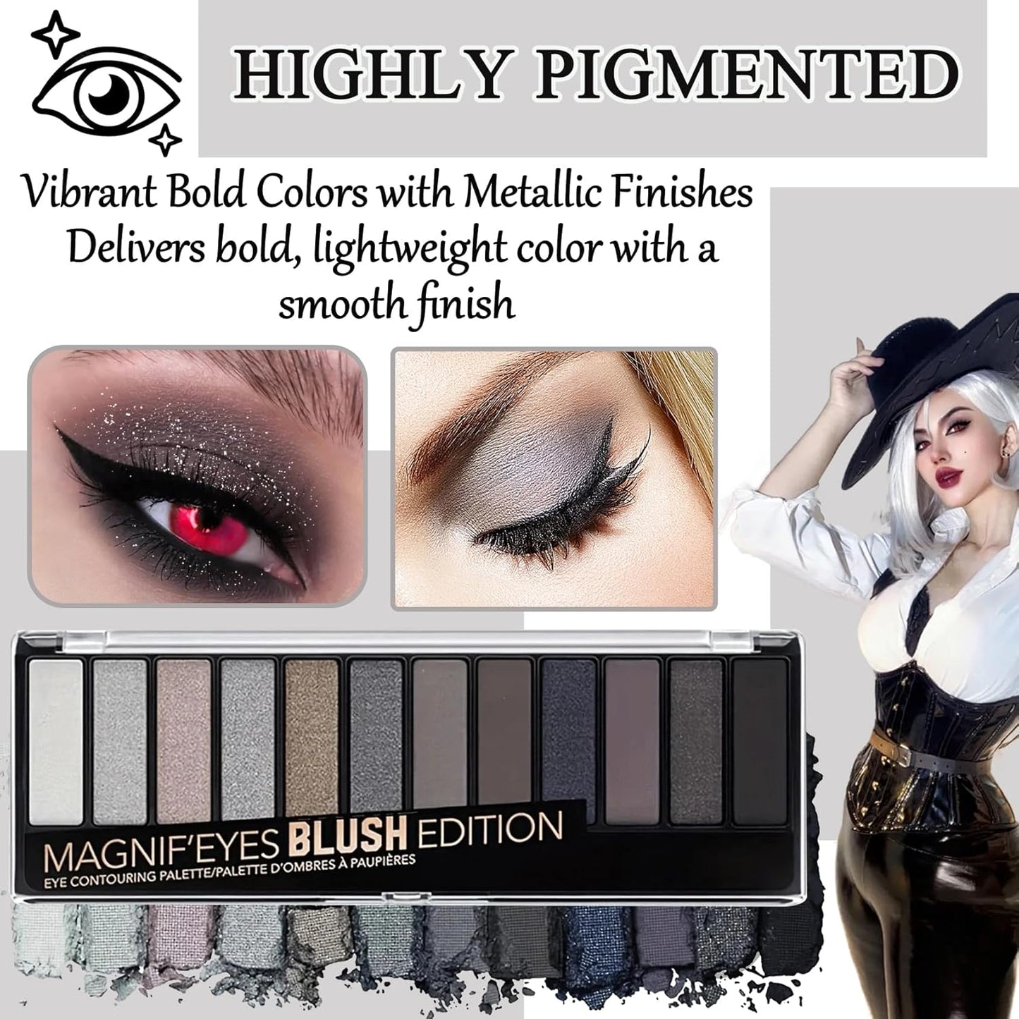 Black Grey Smoky Eyeshadow Palette,15 Colors Matte Shimmer Pigmented Eye Shadow Makeup Palette Set with 3 Eyeshadow Brushes,Glitter Eyeshadow Makeup Palette for Daily Halloween Goth Makeup(G)