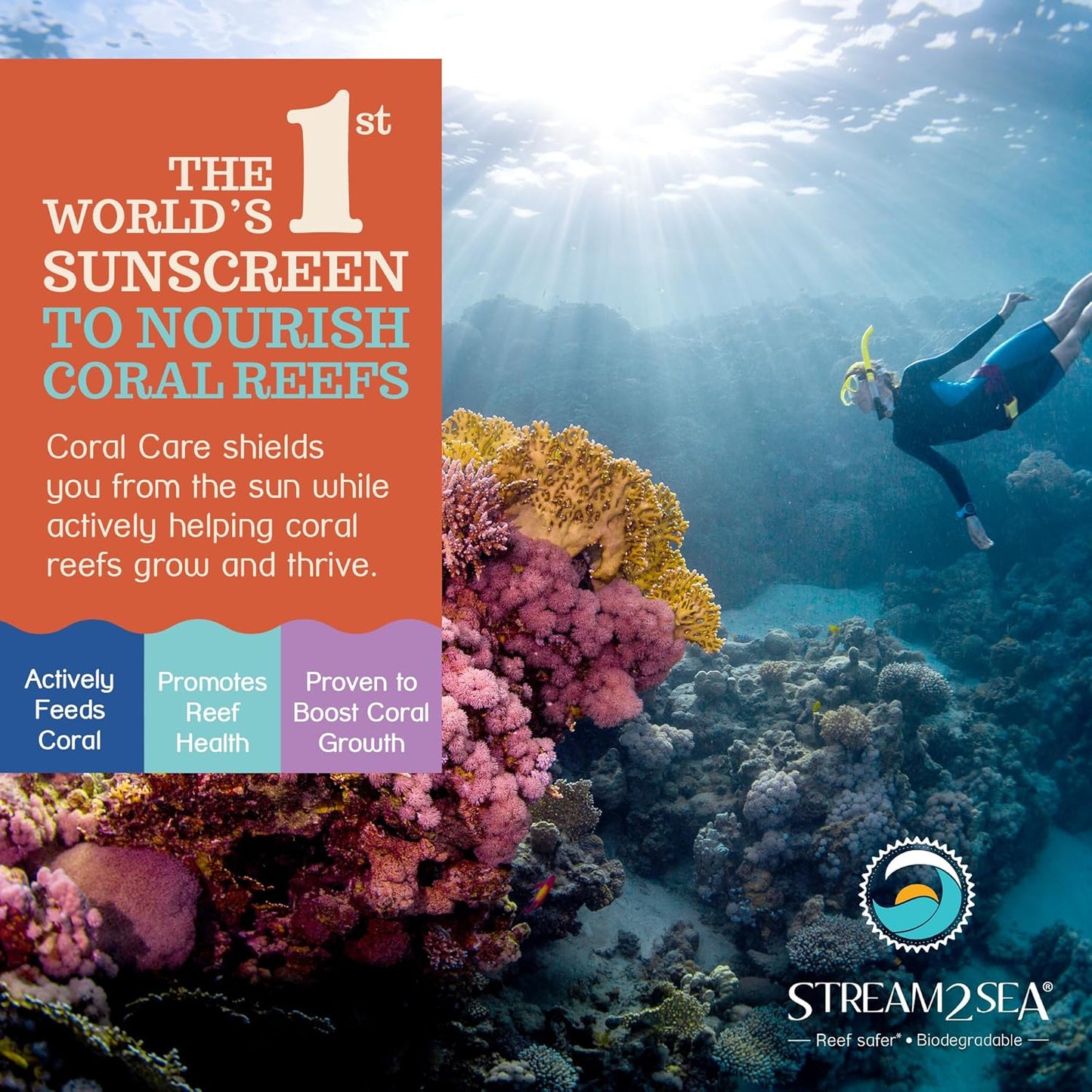 Stream2Sea Coral Care - Reef Safe Sunscreen SPF 30 Travel Size - First Reef-Approved Natural Mineral Sun block Boosts Coral Growth Water resistant- Non-Toxic, Biodegradable, Eco-Friendly - 3 Pack