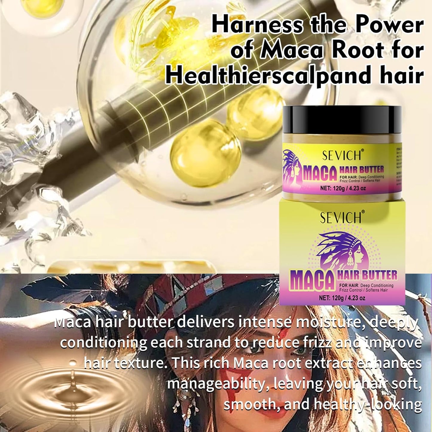 SEVICH Maca Root Powder Hair Butter Oil, Hair Oils for Hair Growth,Black Maca Hair Mask for Women & Men, Enhance Scalp Vitality, Relieve Dry Scalp, Keep Scalp Moisturized and Healthy, 120g