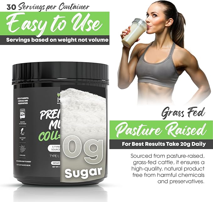 Multi Collagen Peptides Powder Unflavored - 5 Types Multi Collagen Complex (I, II, III, V, X) - Grass Fed Hydrolyzed Powder Collagen for Hair, Skin, Nails, Joints & Gut Health - 30 Servings