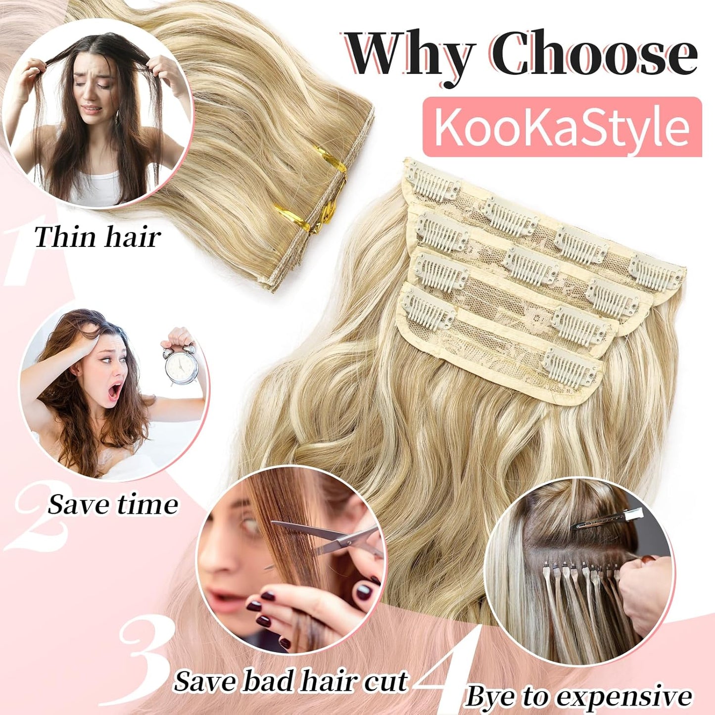 KooKaStyle Beach Blonde Hair Extensions Clip in Synthetic Highlight Hair Extensions Long Wavy 4PCS Thick Hairpieces 24 Inch Beach Blonde for Women