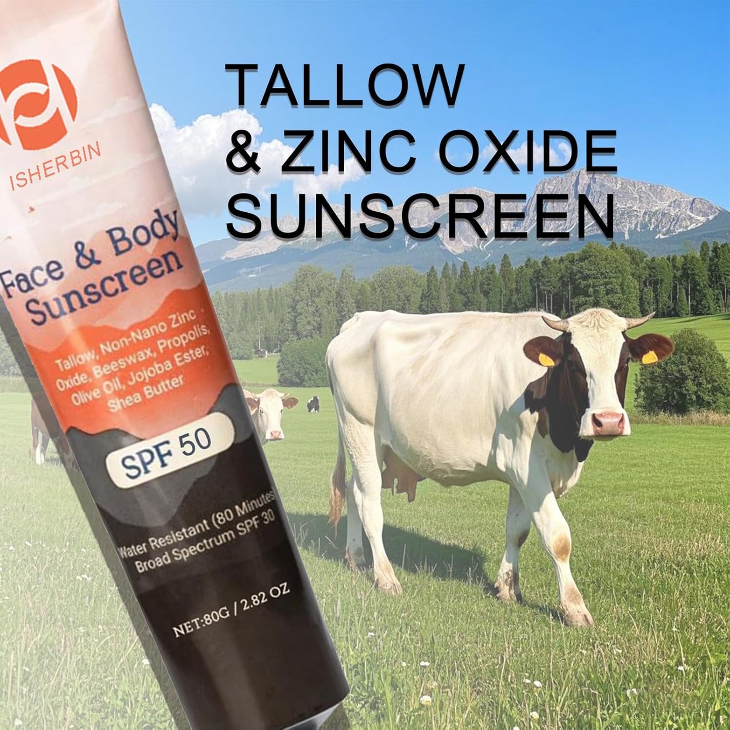 Natural Mineral Sunscreen SPF 50 - Natural Tallow & Zinc Oxide, Beef Tallow Sunscreen for Face & Body SPF 50, Lightweight under Makeup, No Sticky Travel Essentials, Summer Essentials