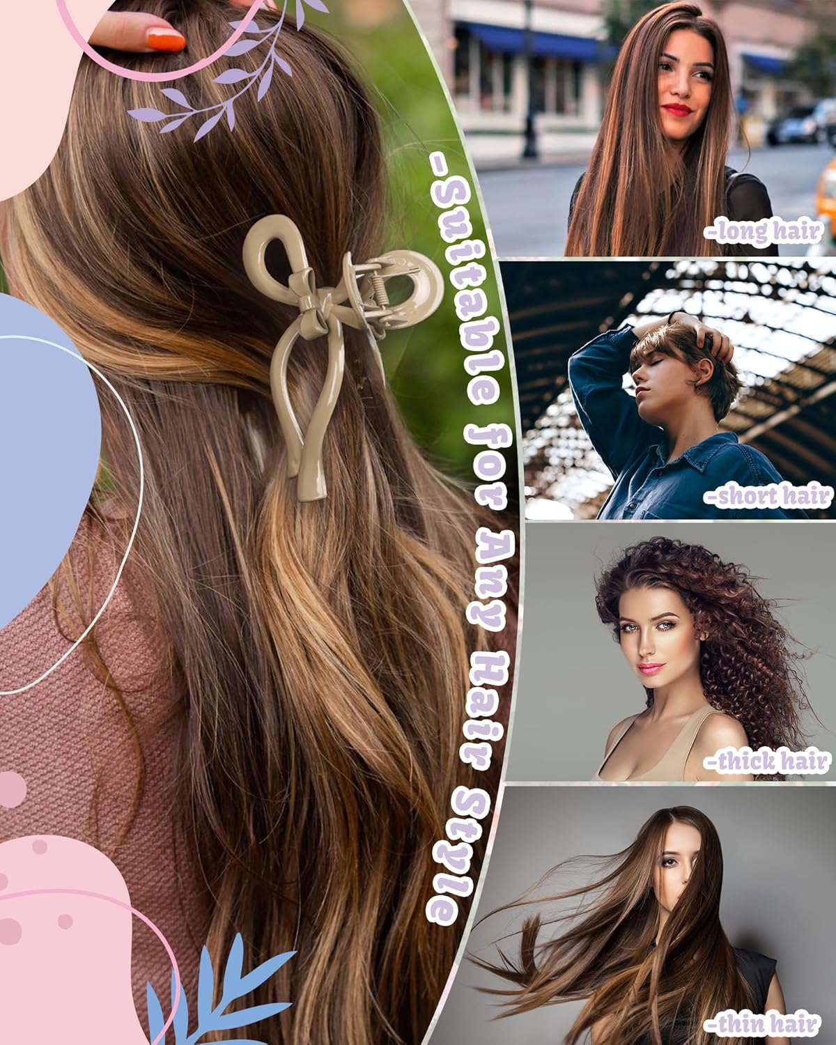 4 PCS Bow Hair Clips Bow Claw Clip for Women Nonslip Large Hair Claw Clips for Thin and Thick Hair Strong Hold Hair Bows (Black+White+Brown+Pink)