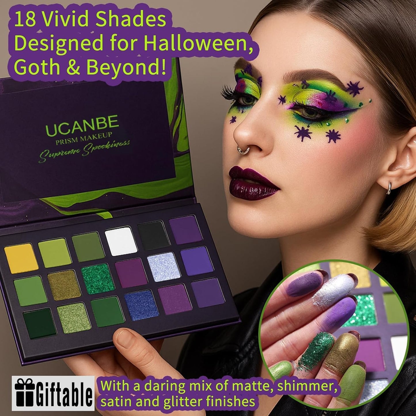 Green Purple Goth Eyeshadow Palette Makeup- 18 Colors Matte Shimmer Metallic Bright & Dark Smoky Gothic Eye Shadows for Halloween Christmas Grinch Witch Beetle-juice Ursula SFX Cosplay Costume Make Up