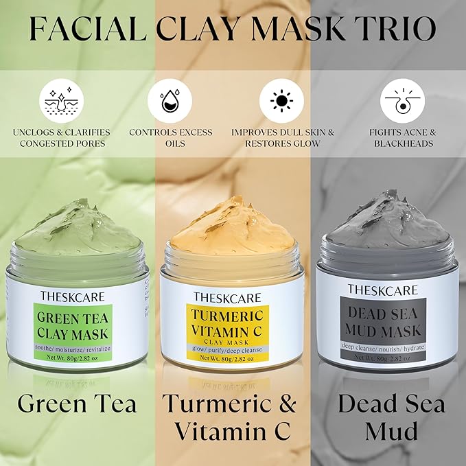 3 PCS Clay Mask Set, Turmeric Vitamin C Clay Mask, Dead Sea Mud Mask, Green Tea Clay Mask, Facial Mask for Oil Control, Deep Cleaning, and Radiant Skin, 240g, 2.82 OZ each