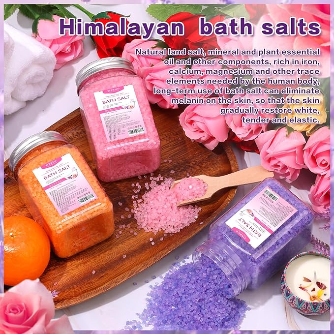 Bath Salt 3 Pack Kit Himalayan Pink Salt Foot Soak Lavender Orange Rose Scent Tea Tree Oil Epsom Salt Bubble Bath for Women Dead Sea Salt Moisturizing Skin Softens Calluses Mom Bath Sea Salt