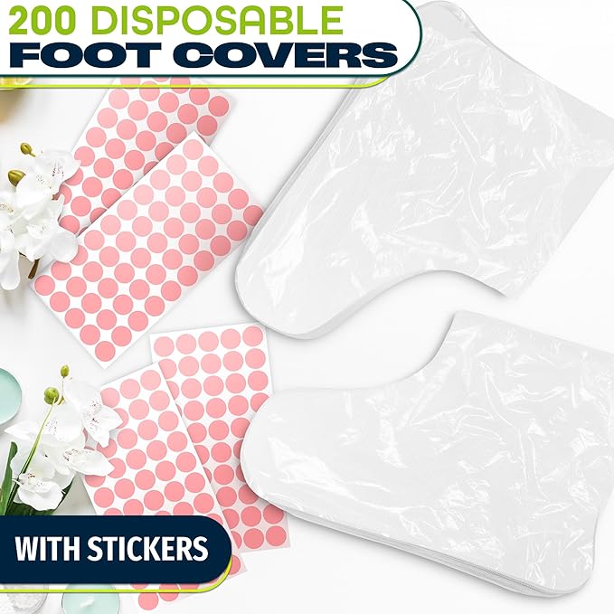 200 Pcs Plastic Foot Covers for Feet – 13 USA Leak-Proof, Durable, Ribbed Anti-Slip Design with 200 Stickers for Snug Closure – Plastic Socks for Moisturizing Feet, Great for Wax Foot Care & Hydration