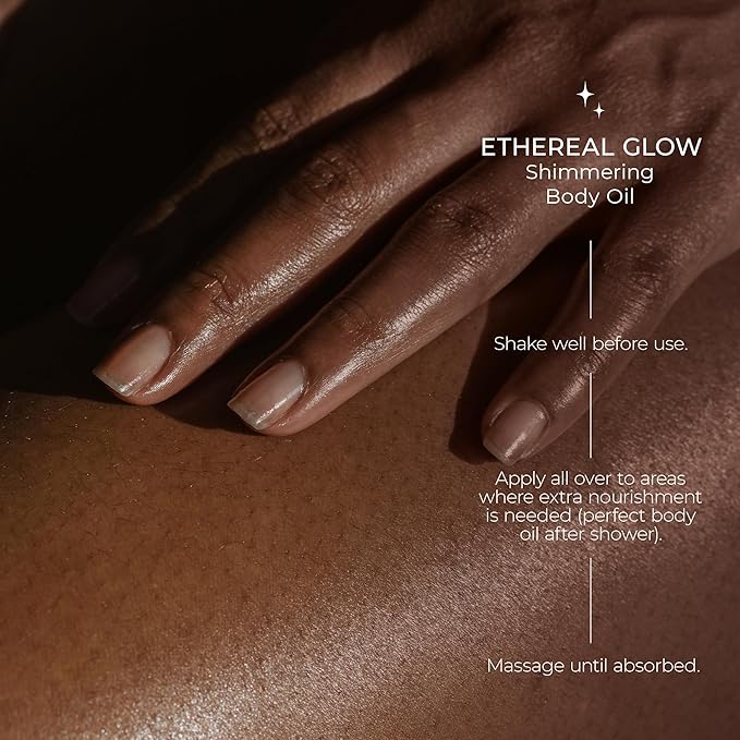 Organic Skincare Products Made in USA, Vegan, Cruelty Free, Moisturizing + Hydrating Shimmer Gold Glitter Body Oil, 4fl oz/118ml, Ethereal Glow