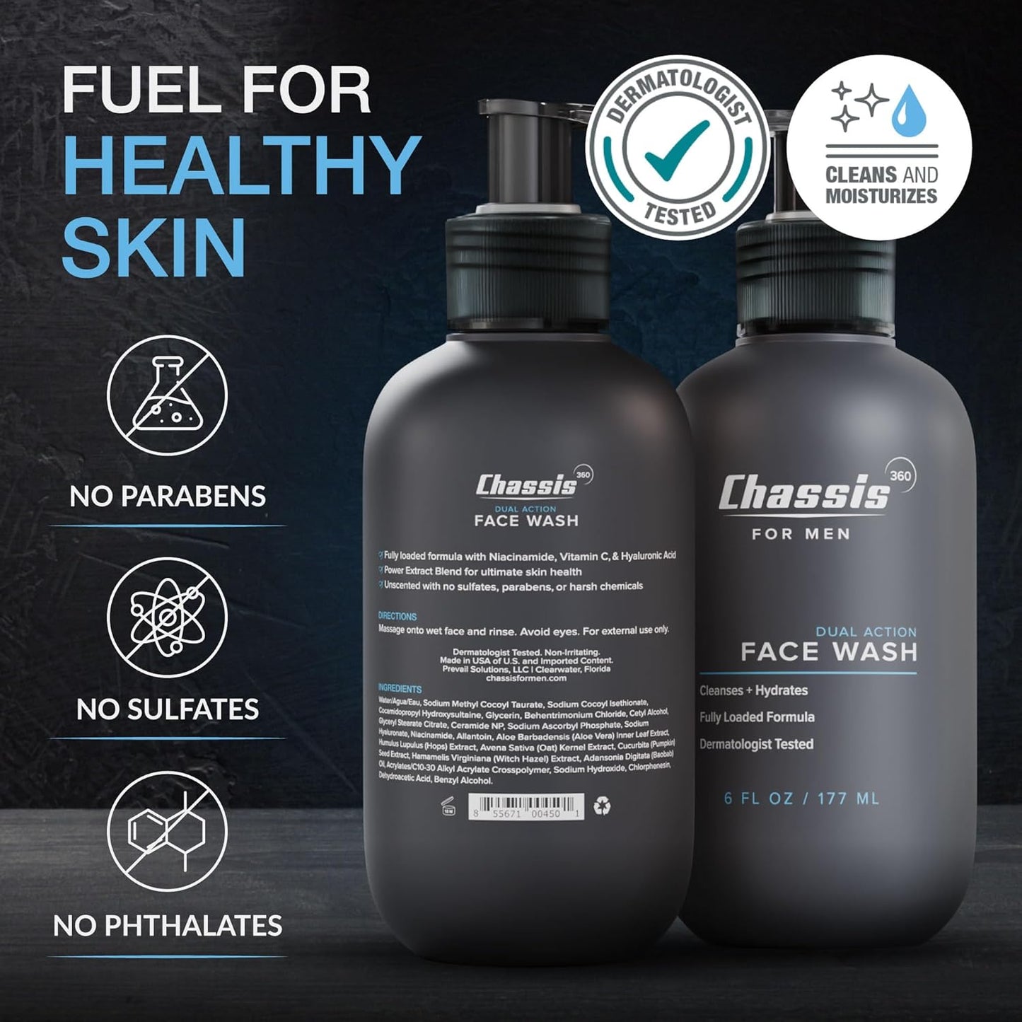 Chassis 360 Dual Action Face Wash - Hydrating & Oil Control Men's Face Wash with Niacinamide, Vitamin C & Hyaluronic Acid - Free From Phthalates, Parabens & Sulfates - Unscented Cleanser - 6 Fl Oz