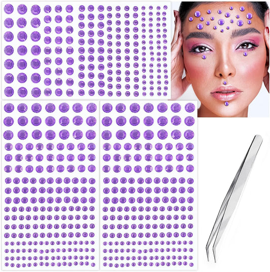591pcs Face Gems Hair Gems Pearls, Self-Adhesive Face Jewels Eye Rhinestones 3/4/5/6/8 mm Face Gem Stick on, Halloween Makeup Gems Rave Accessories for Face Eyes Body Makeup (18.Light Purple)