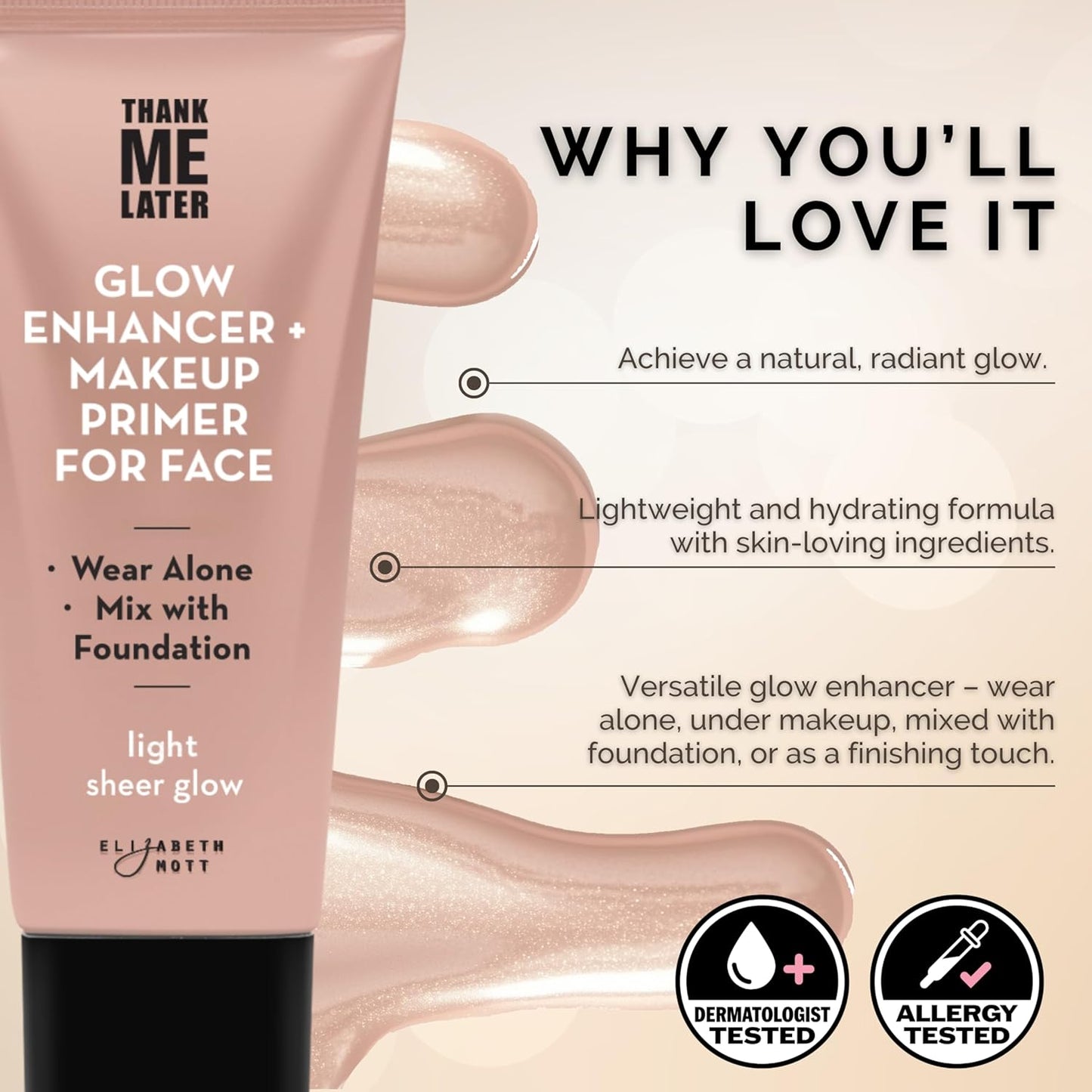 Elizabeth Mott Thank Me Later Glow Enhancer & Primer - Illuminating Makeup Base & Highlighter for Radiant Skin - Lightweight, Long-Lasting, Vegan & Cruelty-Free, Sheer Light Glow Shade, 30g