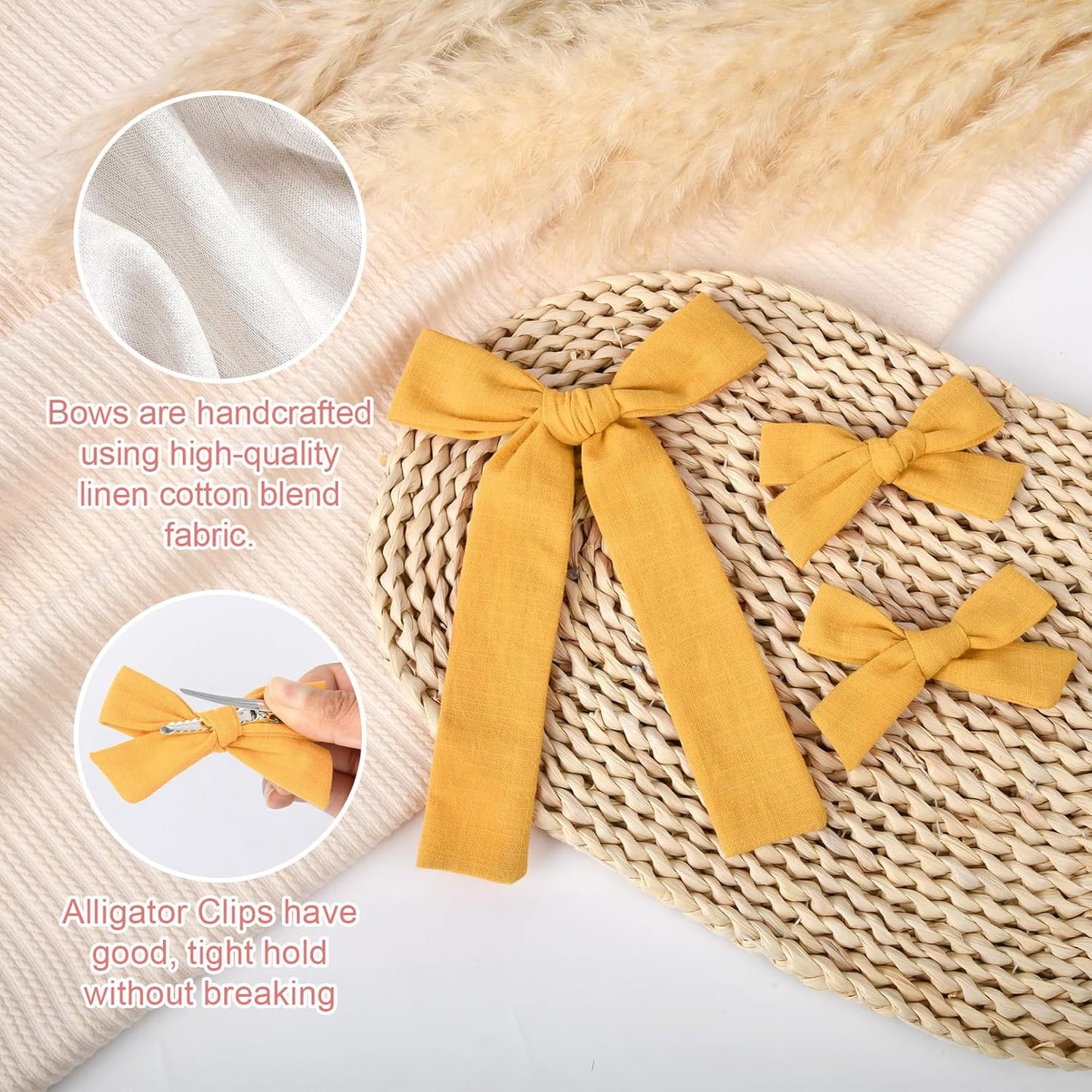 DEEKA Yellow Cotton Linen Hair Bows 2 Sizes 5"&3.5" Soft Hair Bow set for Toddler Girls Long Ponytail Knot Bows Alligator Clip Hair Accessories for Little School Girls (Ginger Yellow)