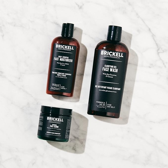 Brickell Men's Daily Advanced Face Care Routine I, Gel Facial Cleanser Wash, Face Scrub, Face Moisturizer Lotion, Natural and Organic, Unscented, Men's Skin Care Gift Set