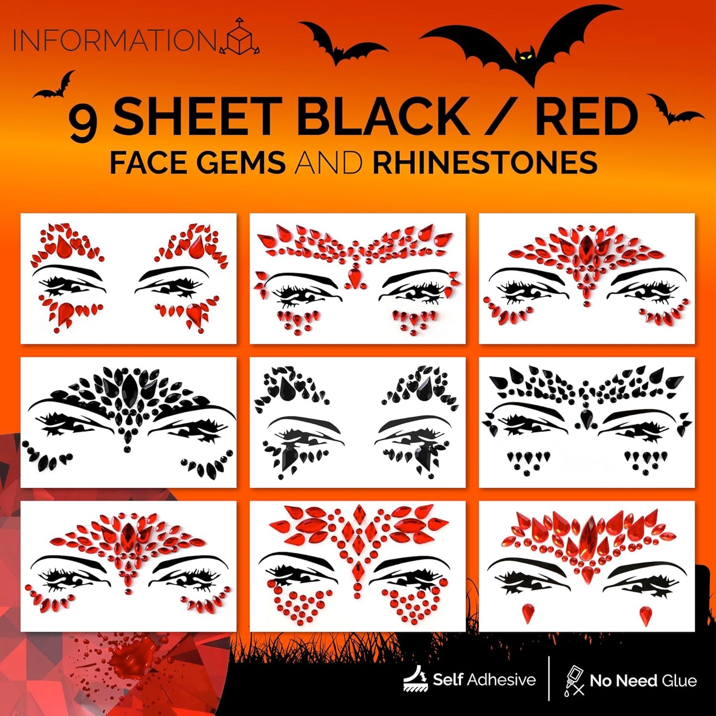 Face Gems Adhesive Glitter Jewel Tattoo Sticker Festival Gems Rave Party Body Make Up (9 PCS Z9ZAKRED-A)