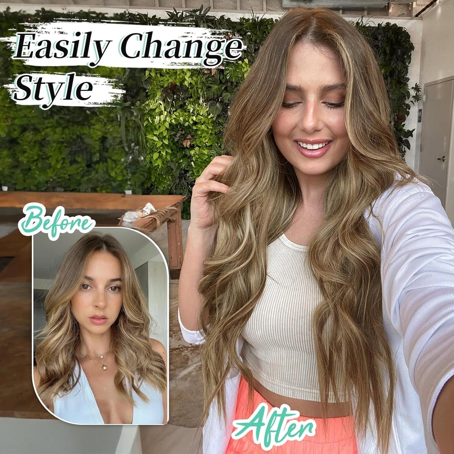 KooKaStyle Hair Extensions Brown mix Blonde Clip in Synthetic Highlight Hair Extensions Long Wavy 4PCS Thick Hairpieces 24 Inch for Women