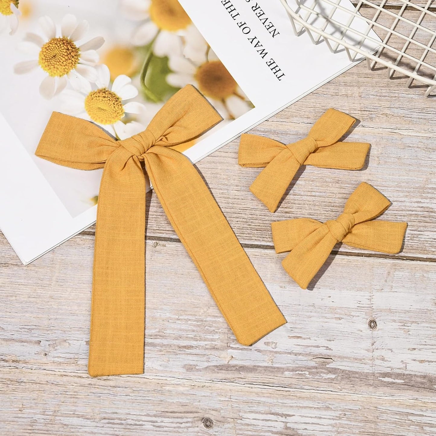 DEEKA Yellow Cotton Linen Hair Bows 2 Sizes 5"&3.5" Soft Hair Bow set for Toddler Girls Long Ponytail Knot Bows Alligator Clip Hair Accessories for Little School Girls (Ginger Yellow)