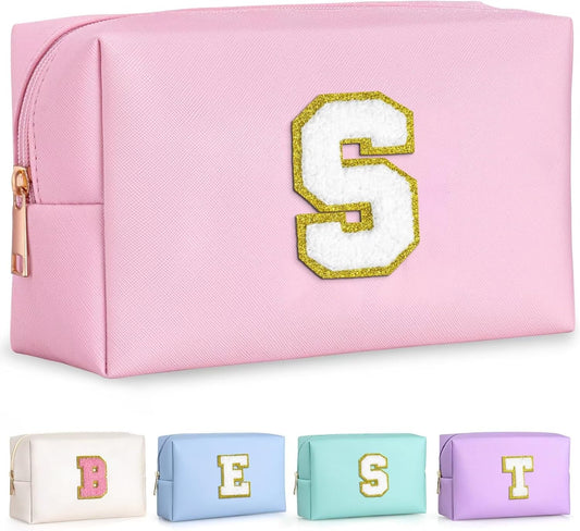TOPEAST Initial Makeup Bag for Women, Travel Small Cosmetic Bag Cute Pink Personalized Preppy Makeup Pouch, Birthday Travel Gifts for Women (Pink S)
