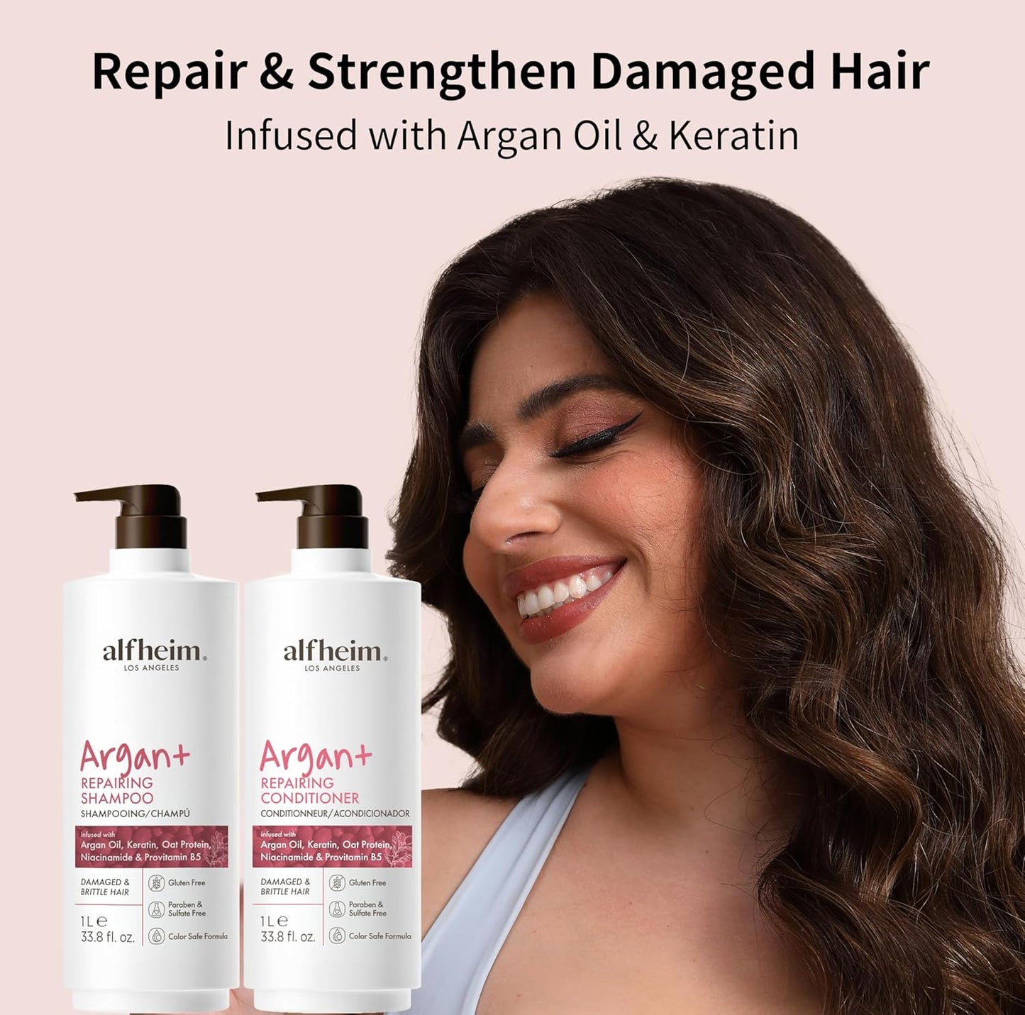 ALFHEIM Argan+ Repairing Shampoo & Conditioner Set for Dry, Damaged & Frizzy Hair with Argan Oil, Keratin – Deep Repair, Moisture, Shine & Frizz Control – Color Safe, Sulfate Free – 33.8 oz × 2