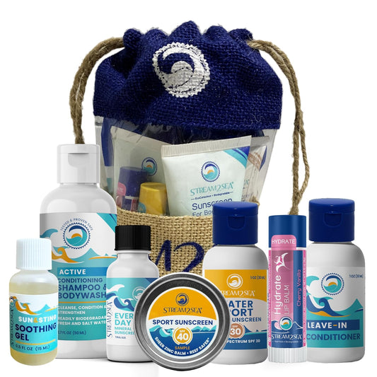 EcoConscious Travel Kit Body & Hair Care Gift Set | Shampoo & Body wash | Conditioner | SPF30, SPF20 and Mineral Sunscreen | SPF 30 Cucumber Mint and Hydrate Cherry Vanilla Lip Balm by Stream2Sea