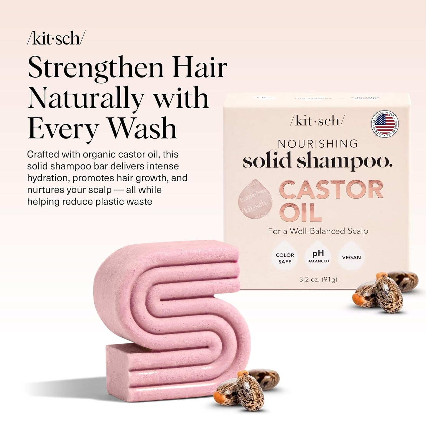 Kitsch Castor Oil Shampoo Bar Soap - Hydrating & Moisturizing Hair Care - Organic Castor Oil Solid Shampoo for Hair Growth & Scalp Nourishment - Silicone & Paraben-Free, Vegan, Made in USA - 3.2oz