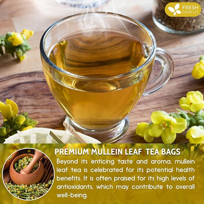 FreshDrinkUS, Premium 15 Mullein Leaf Tea Bags For Lung, 100% Natural & Pure from Mullein Leaves. Loose Leaf Mullein Herbal Tea. Made with Natural Material Tea Bags. No Sugar, No Caffeine, No Gluten, Vegan.