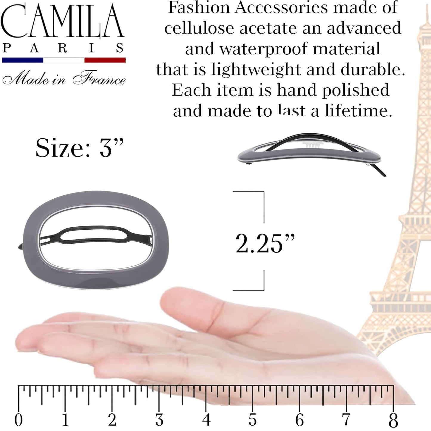 Camila Paris CP3356 French Hair Barrette Clip for Women, Handmade, Gray White, Slide-in Metal-Free Closure, Strong Hold Grip Hair Clips for Girls, No Slip Durable Hair Accessories, Made in France