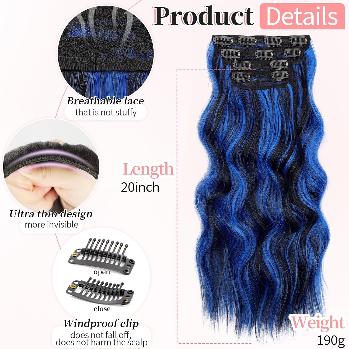 KooKaStyle Clip in Long Wavy Synthetic Hair Extension 20 Inch Blue - Black Streak 4PCS Thick Hairpieces Fiber Double Weft Hair for Women