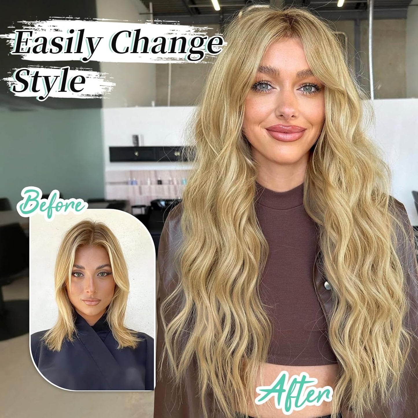 KooKaStyle Clip in Synthetic Hair Extensions Long Wavy 4PCS Thick Hairpieces Golden Blonde Fiber Double Weft Natural Hair Extensions 20 Inch for Women