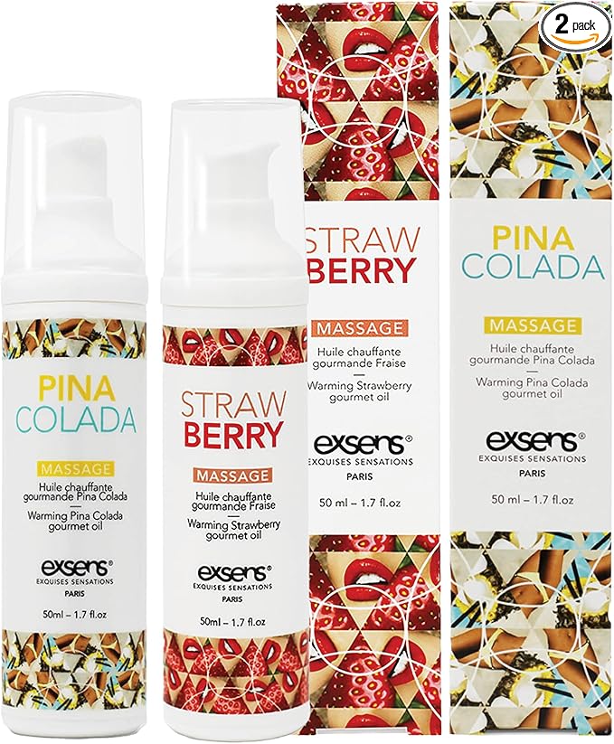 Exsens Warming Massage Oils, Strawberry and Pina Colada, for Men, Women, and Couples, 2 Pack