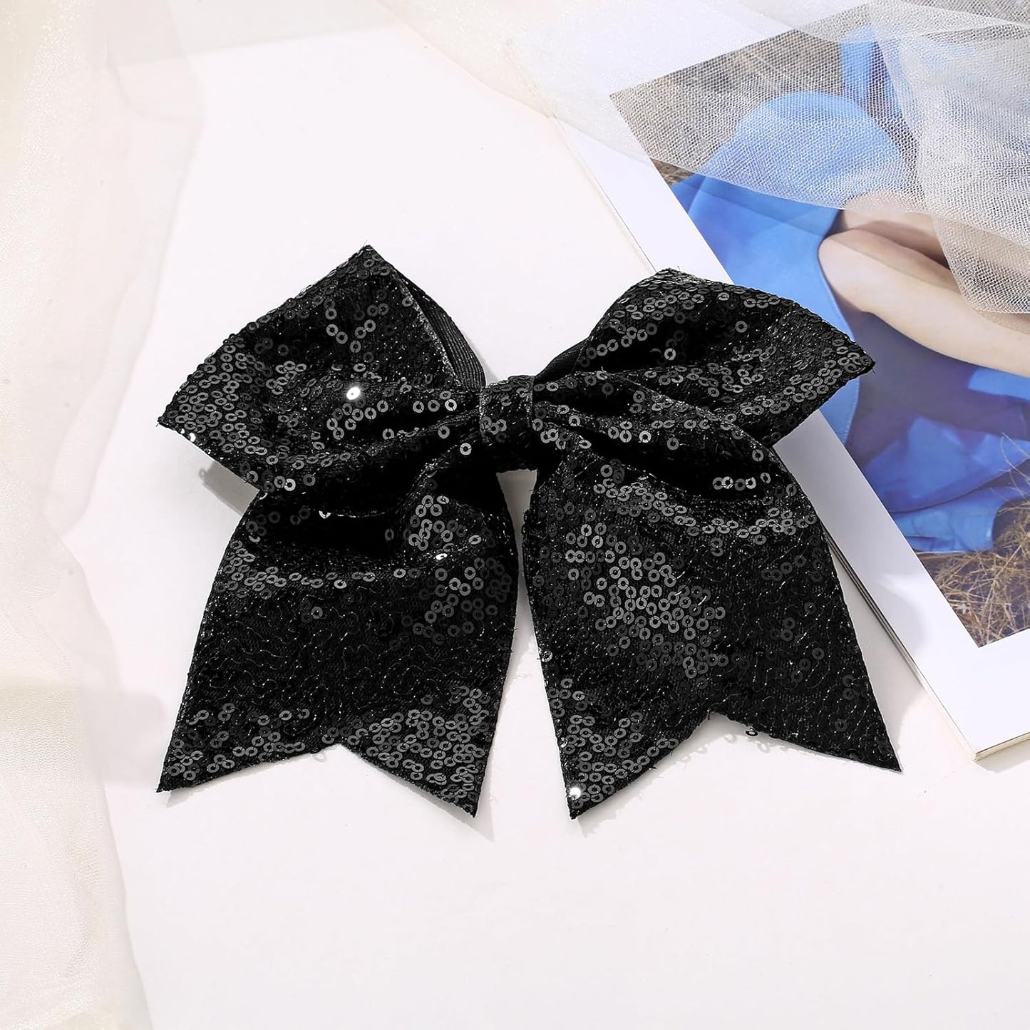 Large Glitter Cheer Bows Clips, Jumbo Big 7 Inch Cheerleading Sequin Hair Bow Hair Accessories for Teens Girls Football Sports Cheerleader Outfit Uniform (Black)