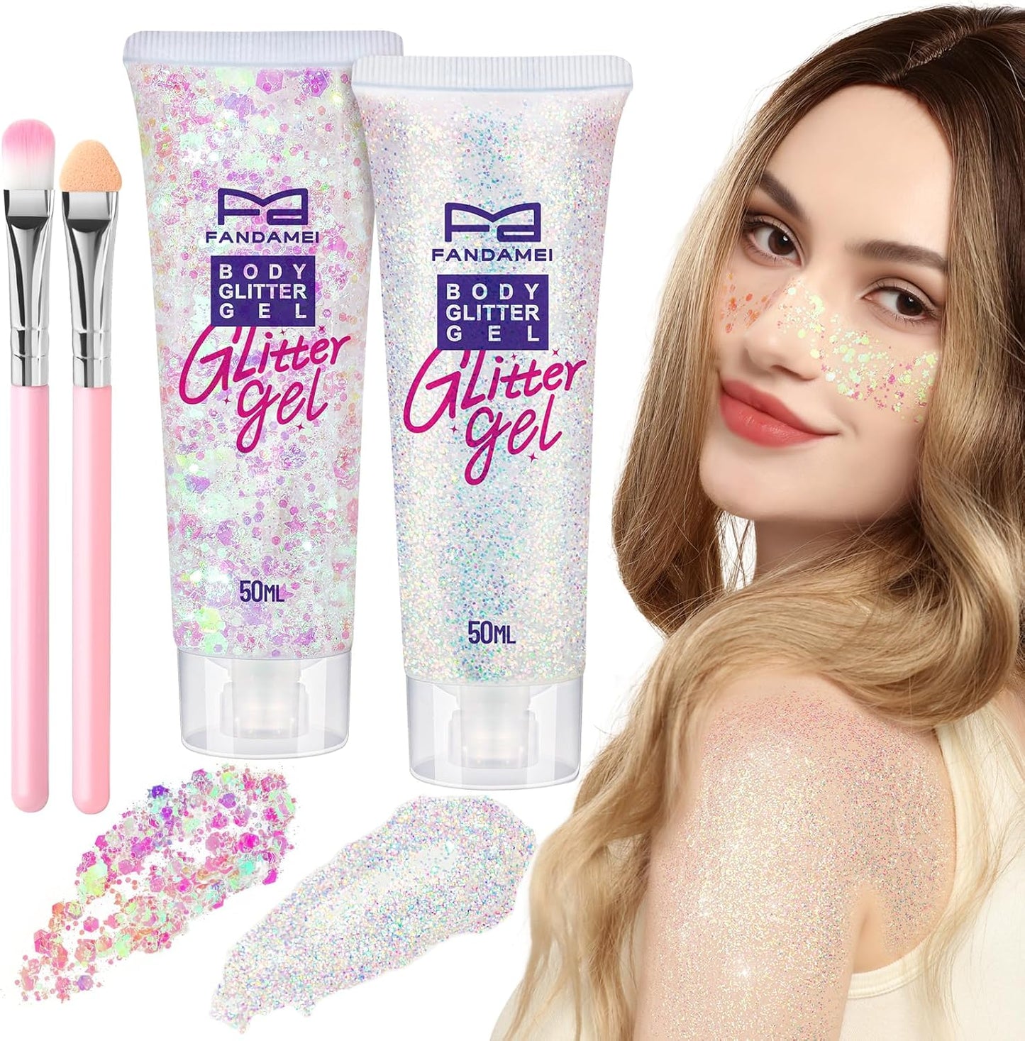 FANDAMEI Body and Face Glitter Set - 2PCS White, 1PCS Chunky, 1PCS Fine Gel - for Makeup, Hair, Mermaid, Halloween Festival Rave